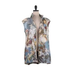 Bryn Walker Vest Top S Floral Artsy Metallic Cream Blue Tapestry Lagenlook Layer